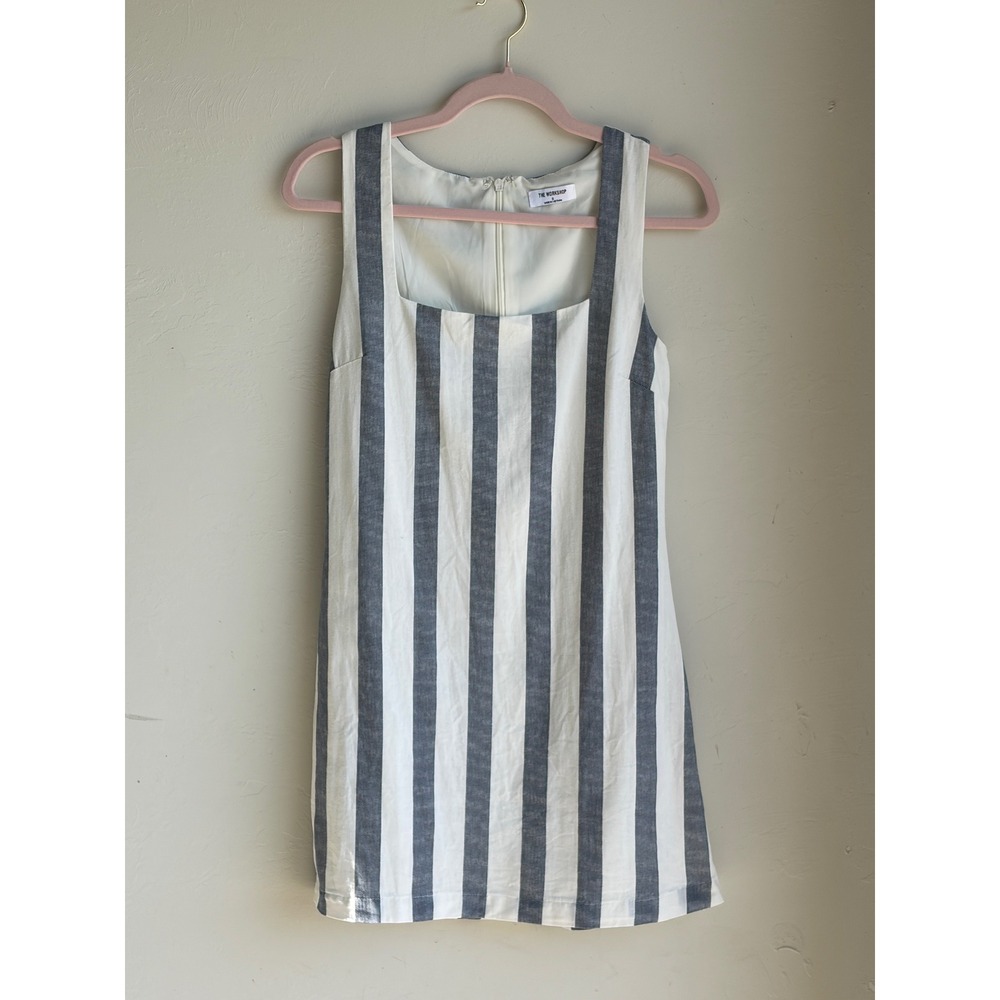 The Workshop Navy White Striped Linen‎ Blend Square Neck Mini Dress Small TW2176